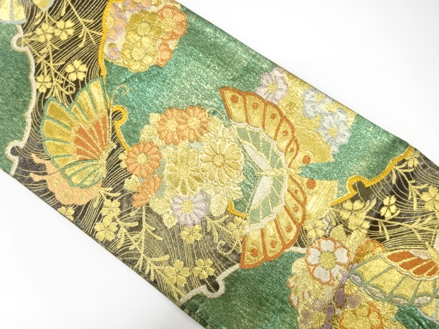 JAPANESE KIMONO / FUKURO OBI FOR FURISODE / SILK / WOVEN SNOWFLAKE & BUTTERFLY & FLOWERS